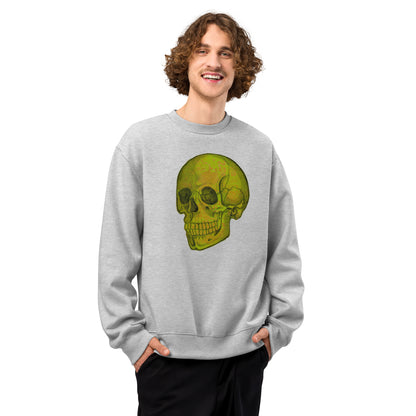 Green Skull design by Kirsten Blackburn on oversized heavyweight sweatshirt