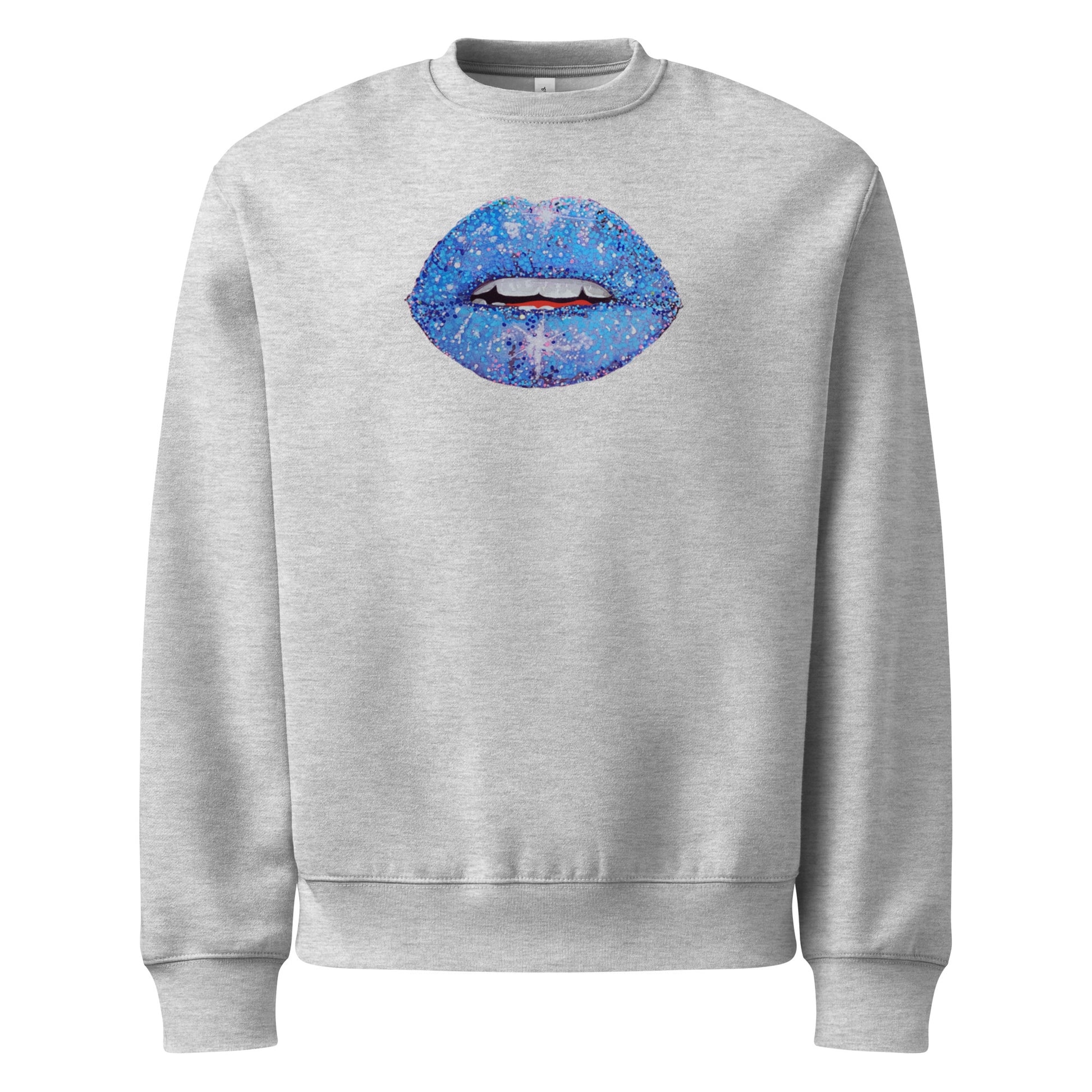 Blue Glitter Lips design by Kirsten Blackburn on oversized heavyweight sweatshirt