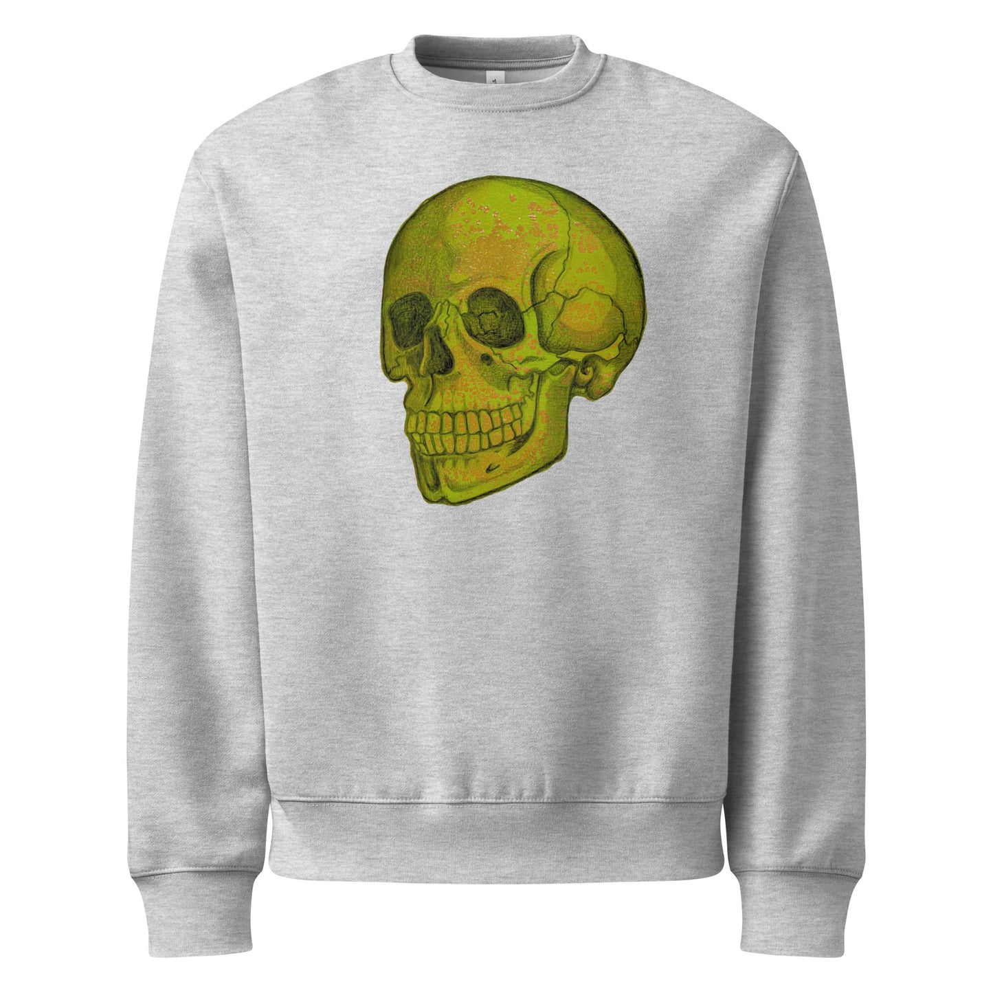 Green Skull design by Kirsten Blackburn on oversized heavyweight sweatshirt