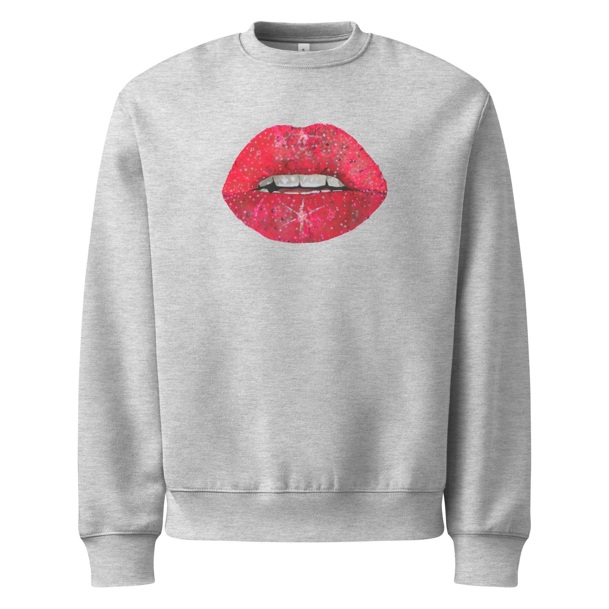 Red Glitter Lips design by Kirsten Blackburn on oversized heavyweight sweatshirt