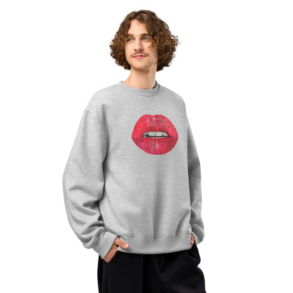 Red Glitter Lips design by Kirsten Blackburn on oversized heavyweight sweatshirt