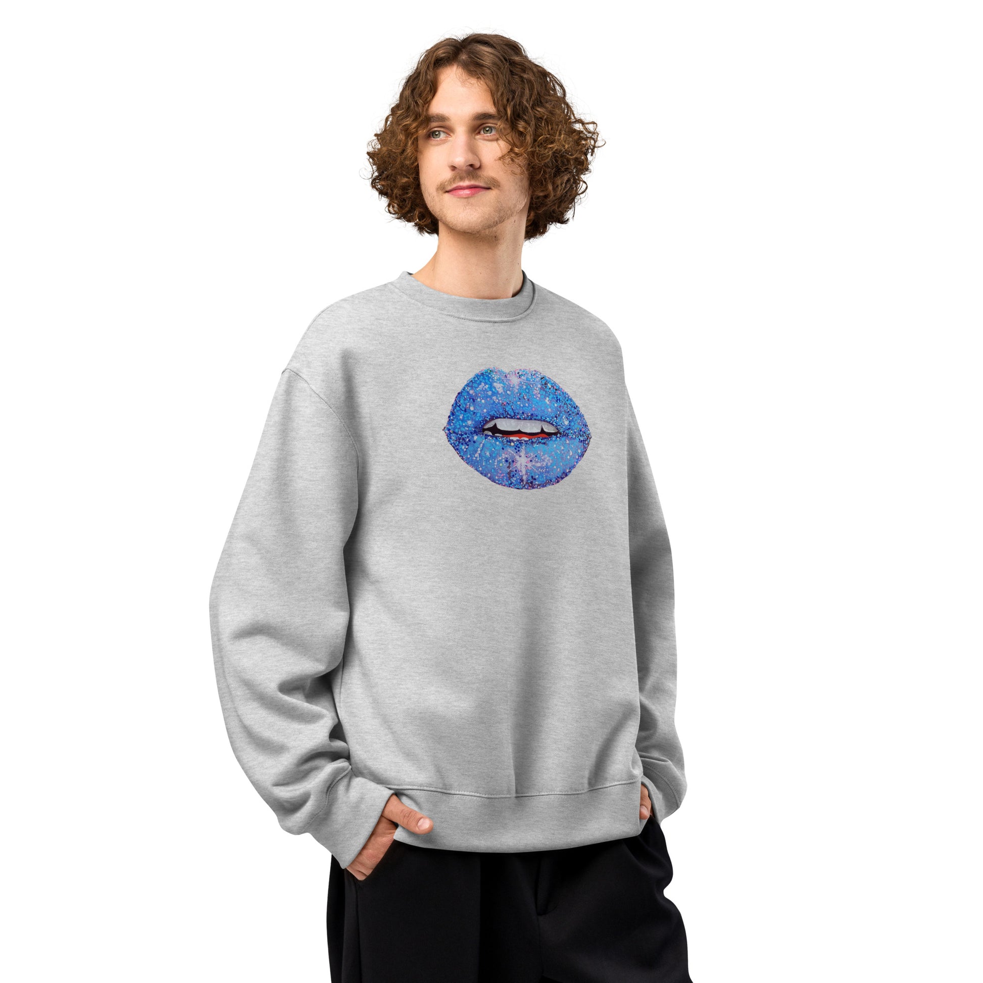 Blue Glitter Lips design by Kirsten Blackburn on oversized heavyweight sweatshirt