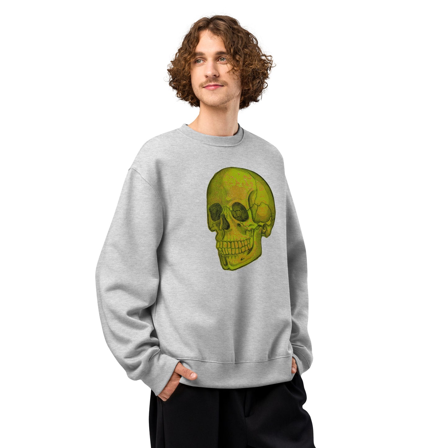 Green Skull design by Kirsten Blackburn on oversized heavyweight sweatshirt