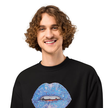 Blue Glitter Lips design by Kirsten Blackburn on oversized heavyweight sweatshirt