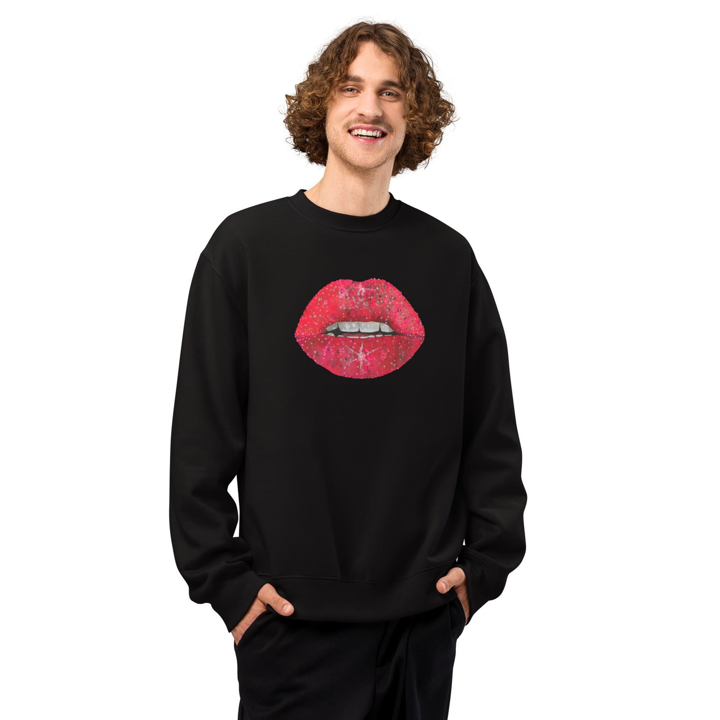 Red Glitter Lips design by Kirsten Blackburn on oversized heavyweight sweatshirt