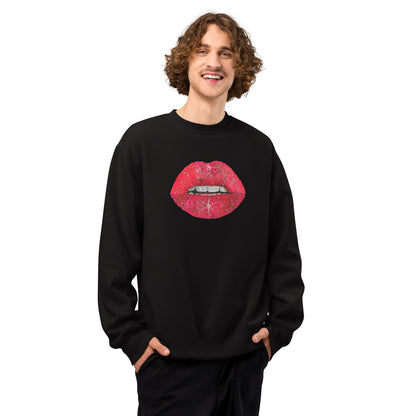 Red Glitter Lips design by Kirsten Blackburn on oversized heavyweight sweatshirt