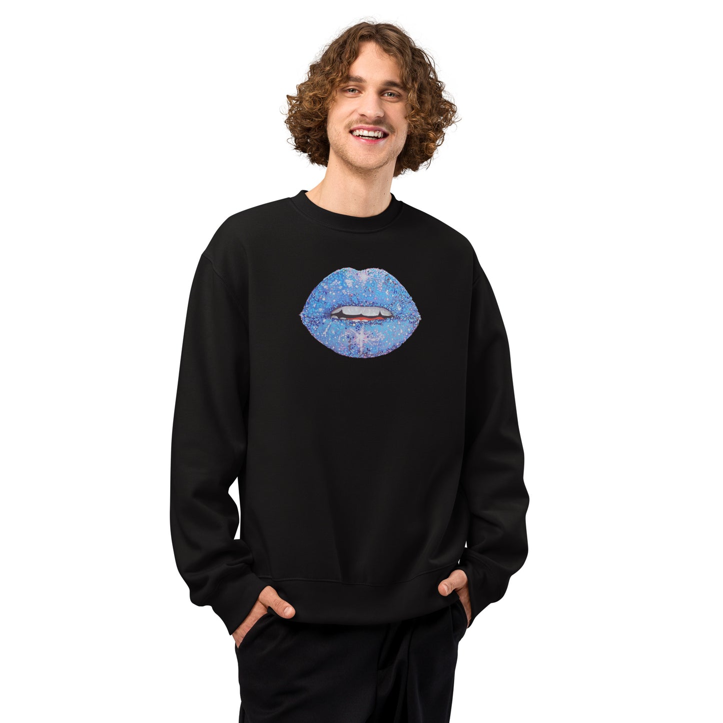 Blue Glitter Lips design by Kirsten Blackburn on oversized heavyweight sweatshirt