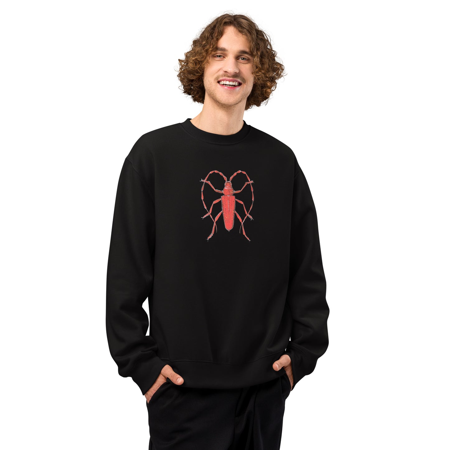 Red Beetle design by Kirsten Blackburn on oversized heavyweight sweatshirt