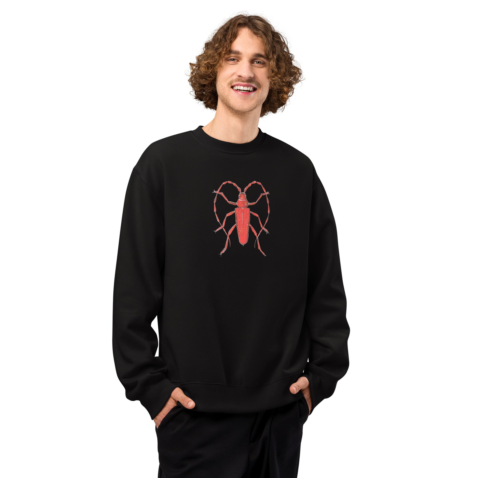 Red Beetle design by Kirsten Blackburn on oversized heavyweight sweatshirt