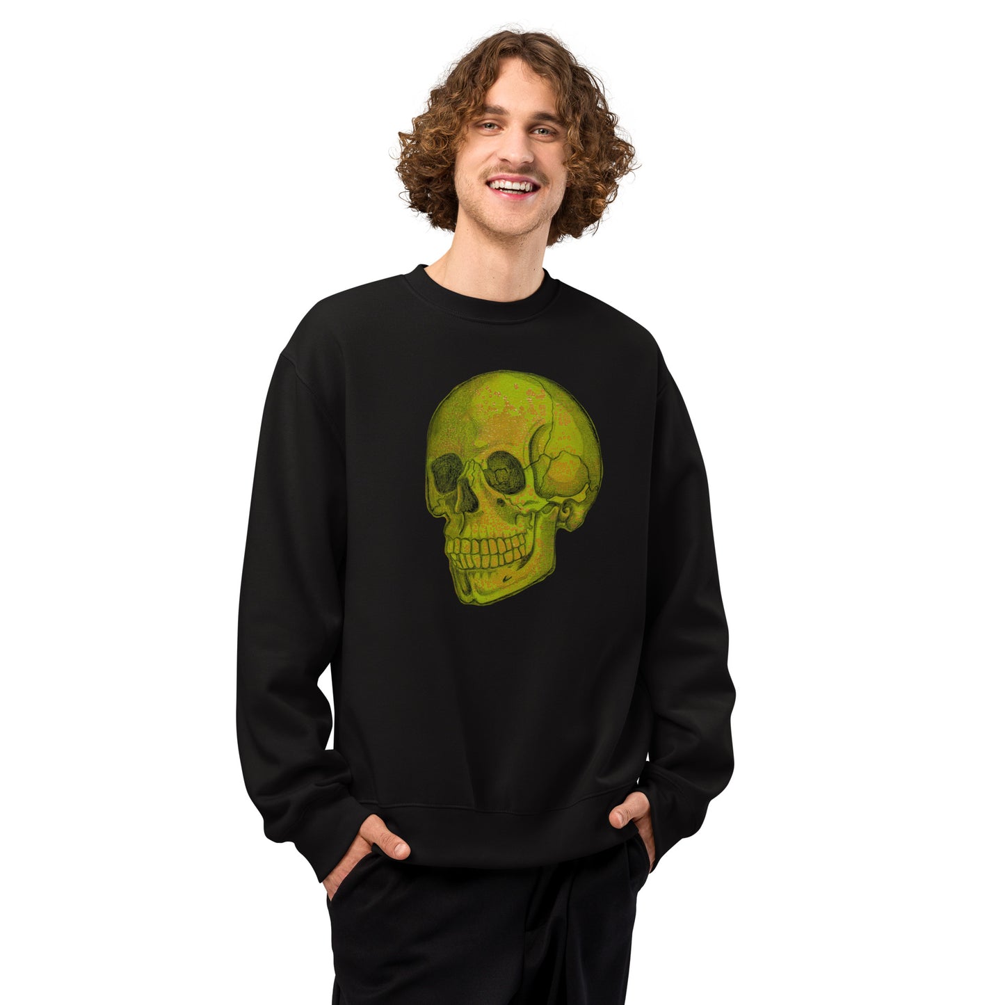 Green Skull design by Kirsten Blackburn on oversized heavyweight sweatshirt