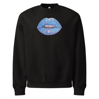 Blue Glitter Lips design by Kirsten Blackburn on oversized heavyweight sweatshirt