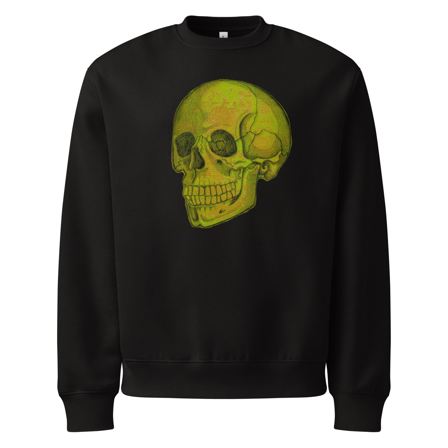 Green Skull design by Kirsten Blackburn on oversized heavyweight sweatshirt