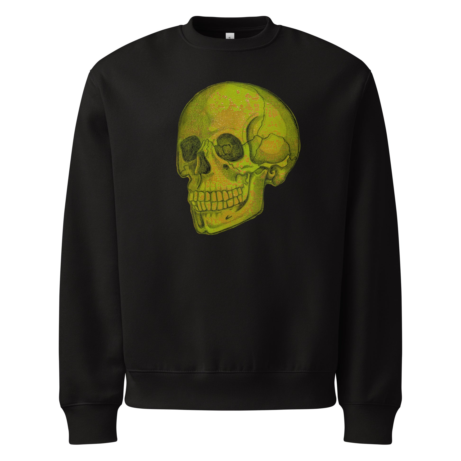 Green Skull design by Kirsten Blackburn on oversized heavyweight sweatshirt