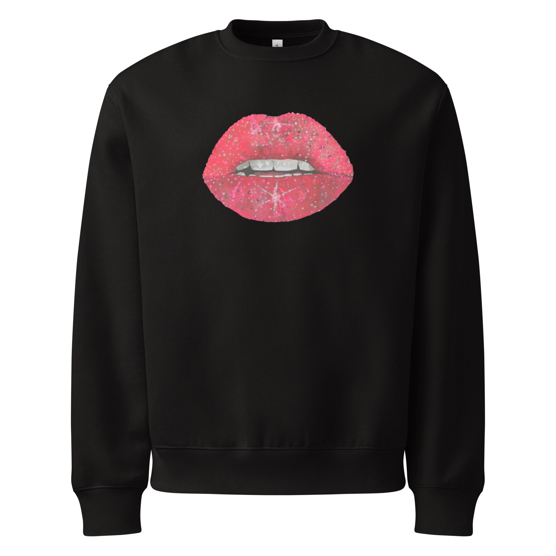 Red Glitter Lips design by Kirsten Blackburn on oversized heavyweight sweatshirt