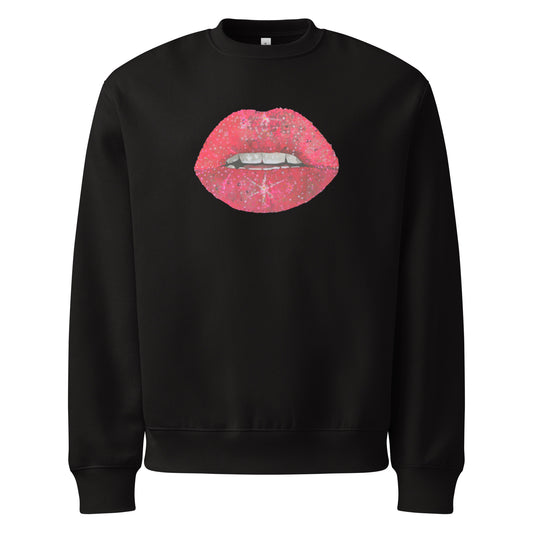 Red Glitter Lips design by Kirsten Blackburn on oversized heavyweight sweatshirt