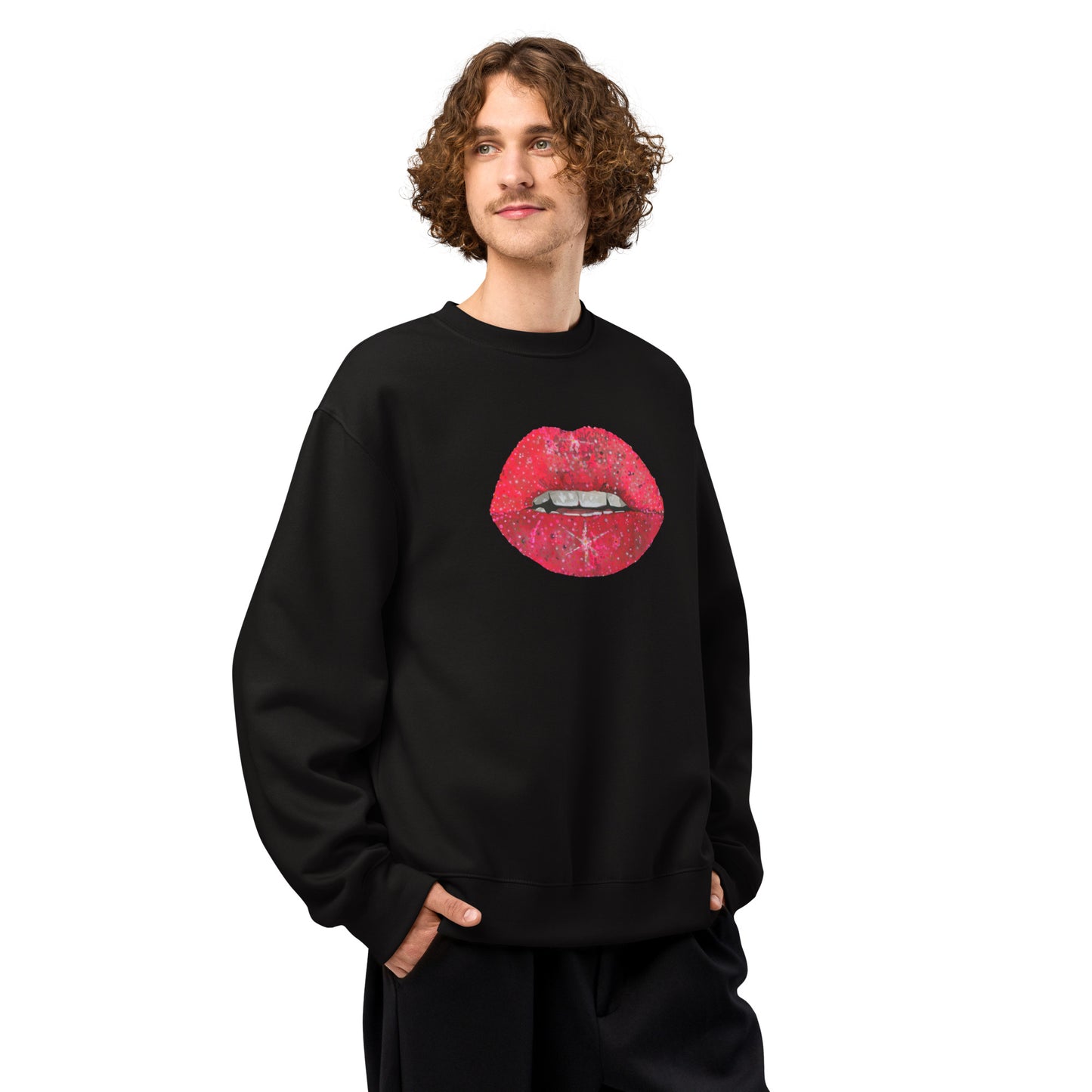 Red Glitter Lips design by Kirsten Blackburn on oversized heavyweight sweatshirt