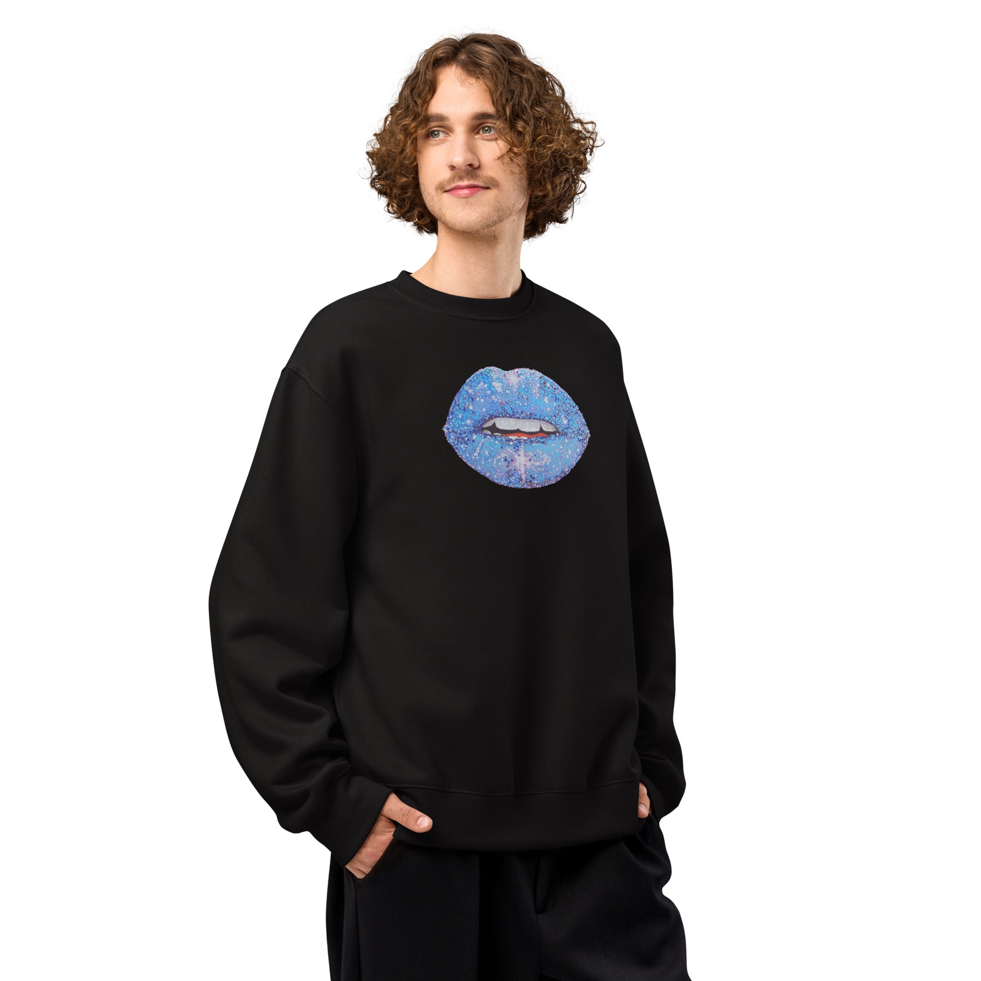 Blue Glitter Lips design by Kirsten Blackburn on oversized heavyweight sweatshirt