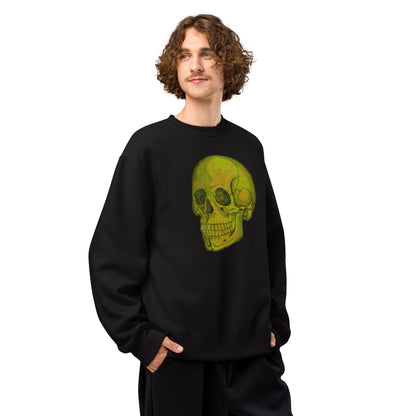 Green Skull design by Kirsten Blackburn on oversized heavyweight sweatshirt