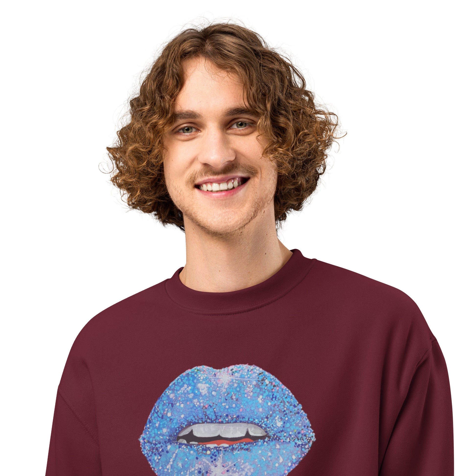 Blue Glitter Lips design by Kirsten Blackburn on oversized heavyweight sweatshirt