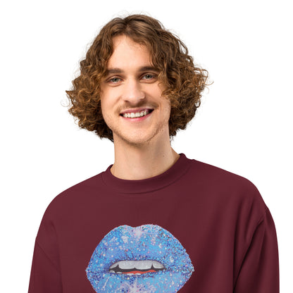 Blue Glitter Lips design by Kirsten Blackburn on oversized heavyweight sweatshirt