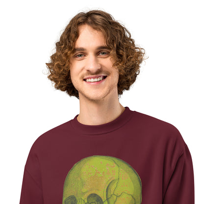 Green Skull design by Kirsten Blackburn on oversized heavyweight sweatshirt