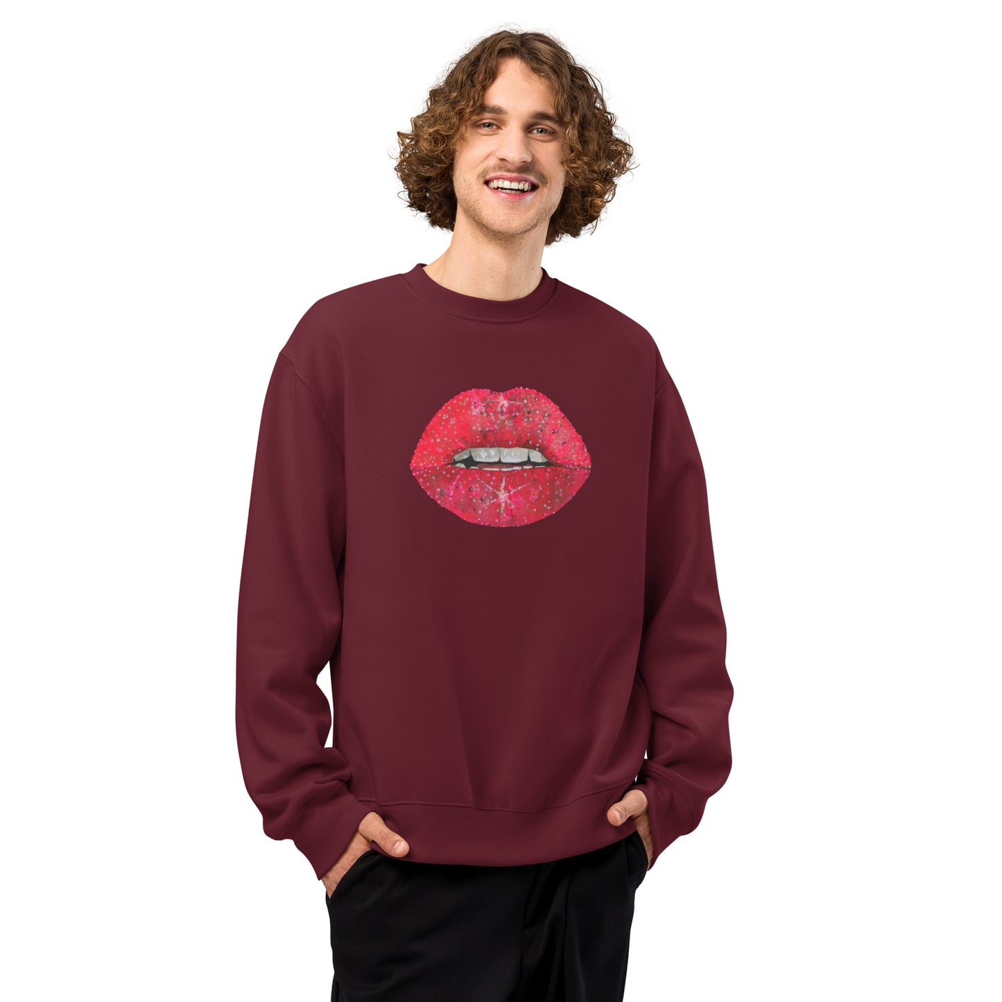 Red Glitter Lips design by Kirsten Blackburn on oversized heavyweight sweatshirt