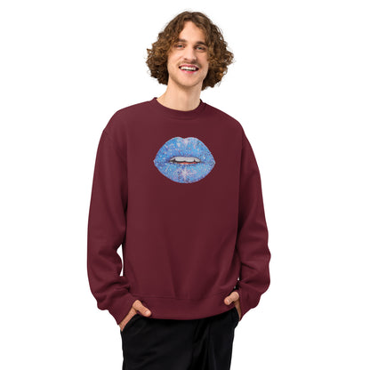 Blue Glitter Lips design by Kirsten Blackburn on oversized heavyweight sweatshirt