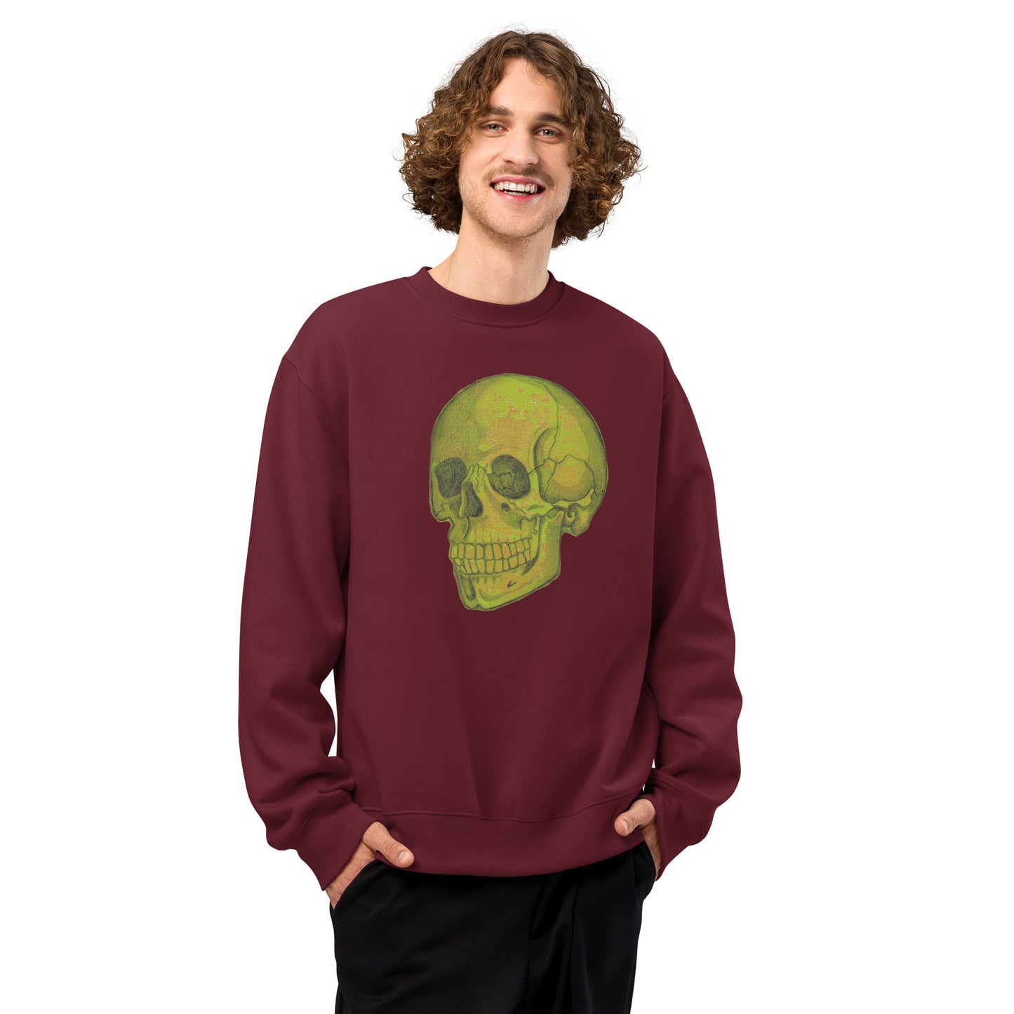 Green Skull design by Kirsten Blackburn on oversized heavyweight sweatshirt