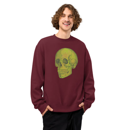 Green Skull design by Kirsten Blackburn on oversized heavyweight sweatshirt