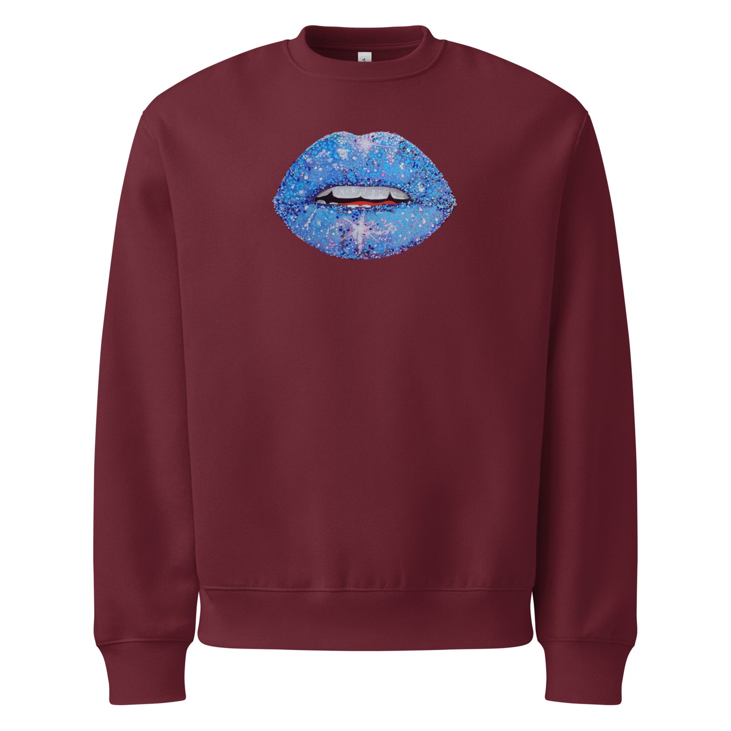 Blue Glitter Lips design by Kirsten Blackburn on oversized heavyweight sweatshirt