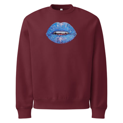Blue Glitter Lips design by Kirsten Blackburn on oversized heavyweight sweatshirt