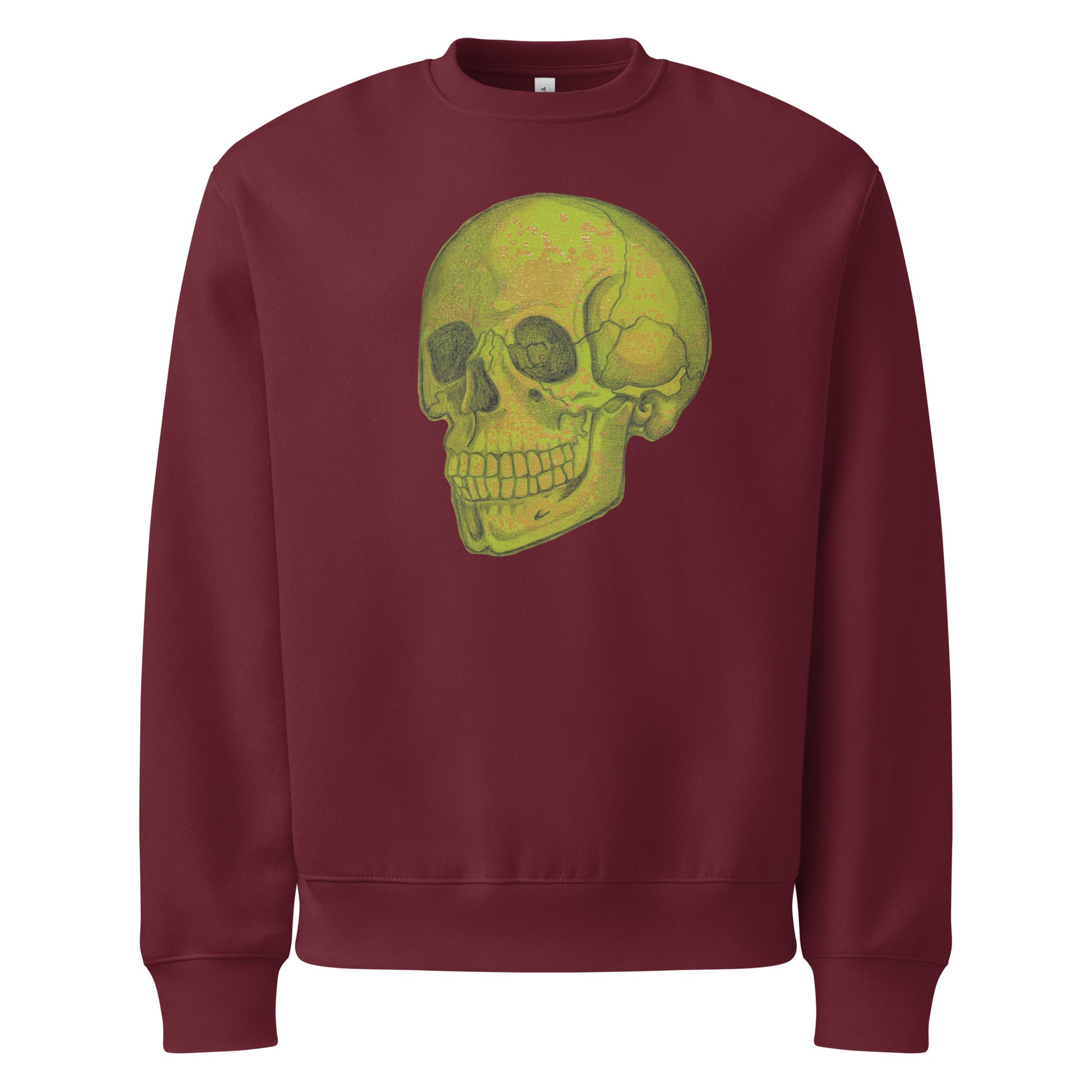 Green Skull design by Kirsten Blackburn on oversized heavyweight sweatshirt