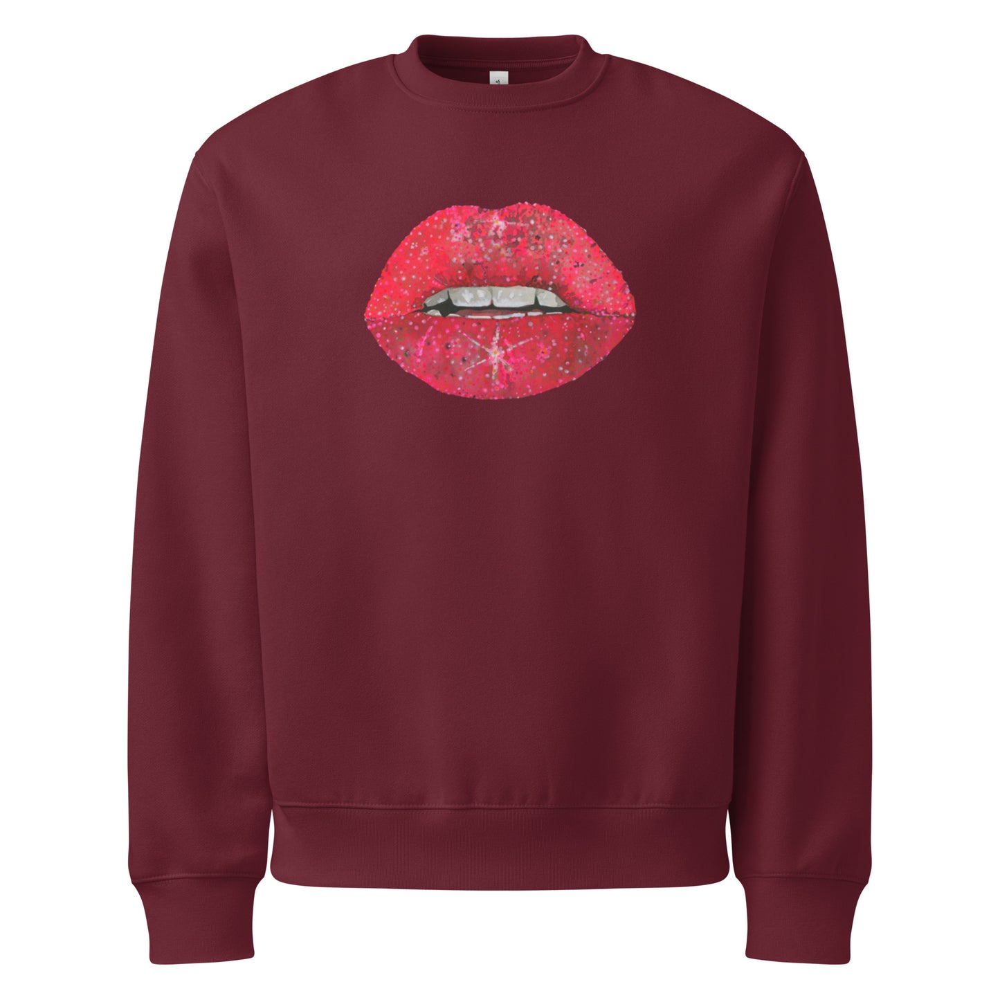 Red Glitter Lips design by Kirsten Blackburn on oversized heavyweight sweatshirt