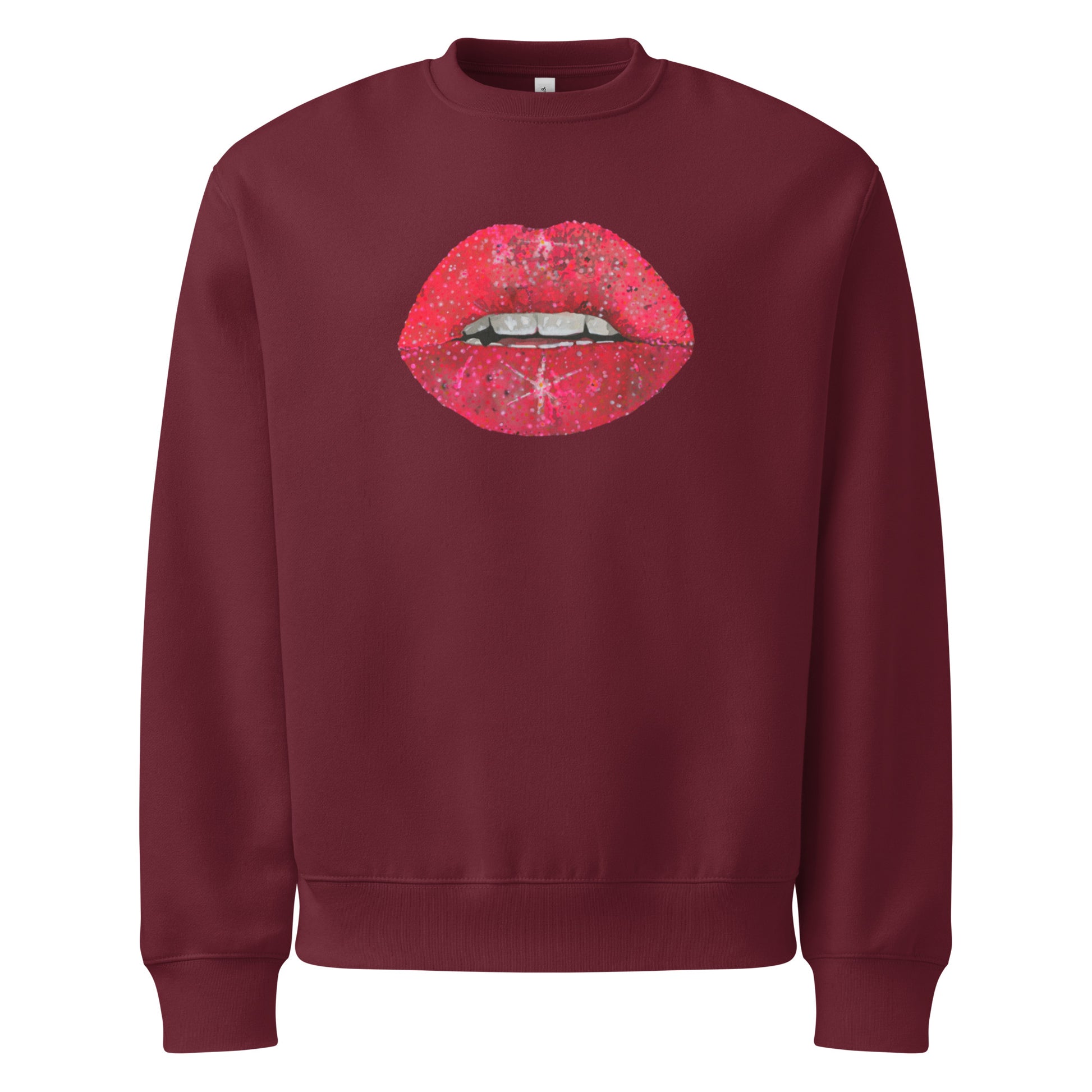 Red Glitter Lips design by Kirsten Blackburn on oversized heavyweight sweatshirt
