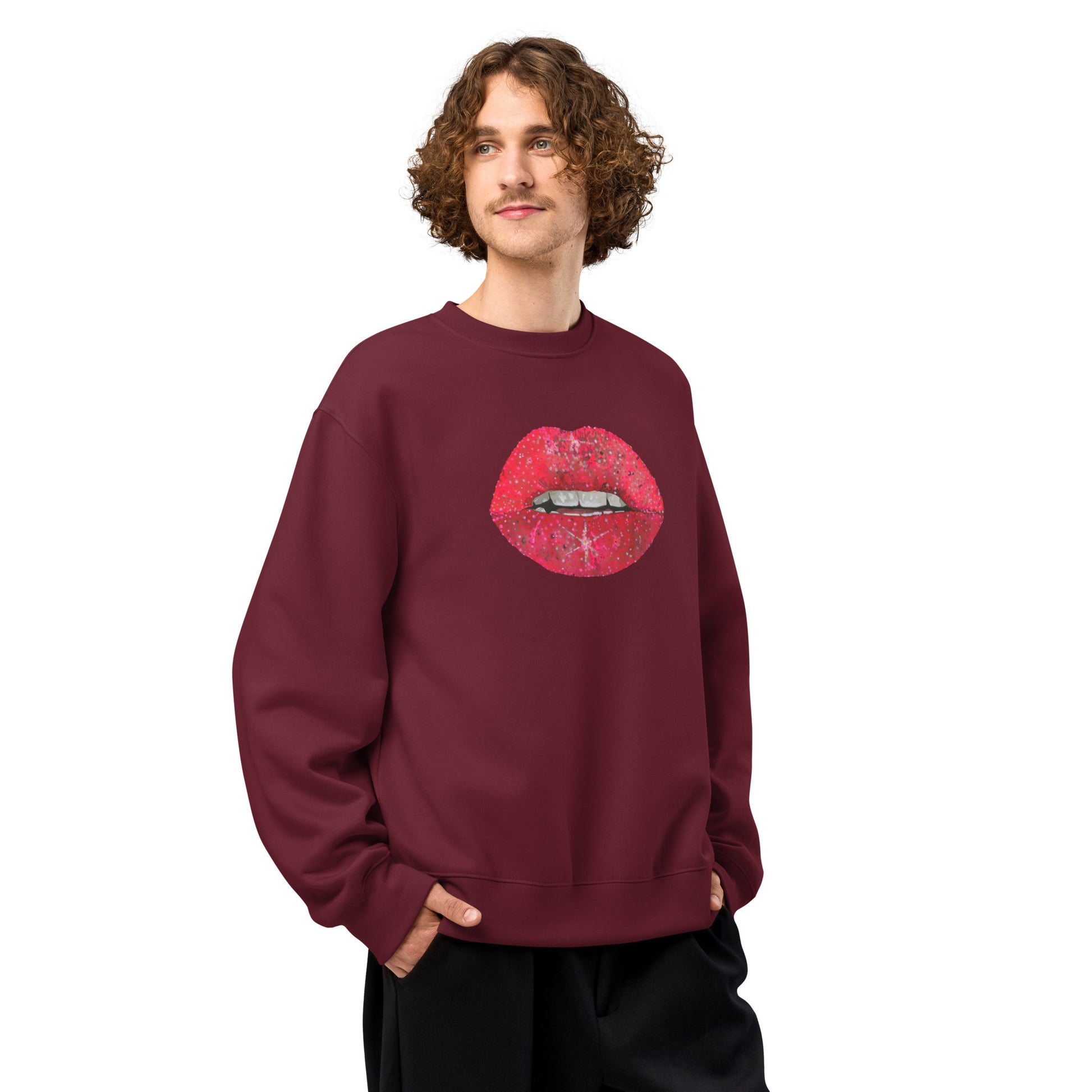 Red Glitter Lips design by Kirsten Blackburn on oversized heavyweight sweatshirt