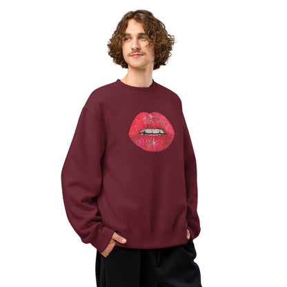 Red Glitter Lips design by Kirsten Blackburn on oversized heavyweight sweatshirt