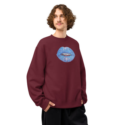 Blue Glitter Lips design by Kirsten Blackburn on oversized heavyweight sweatshirt