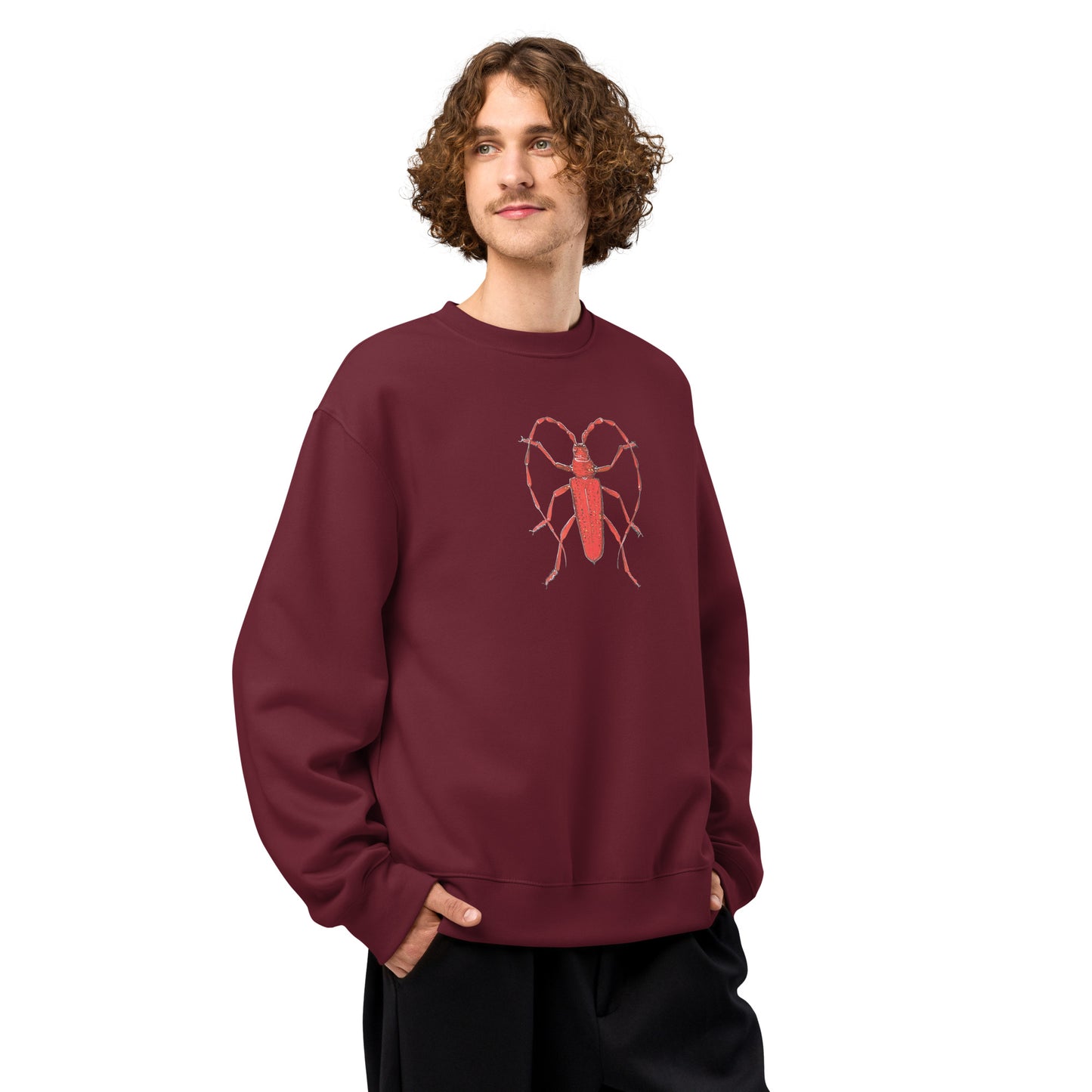Red Beetle design by Kirsten Blackburn on oversized heavyweight sweatshirt