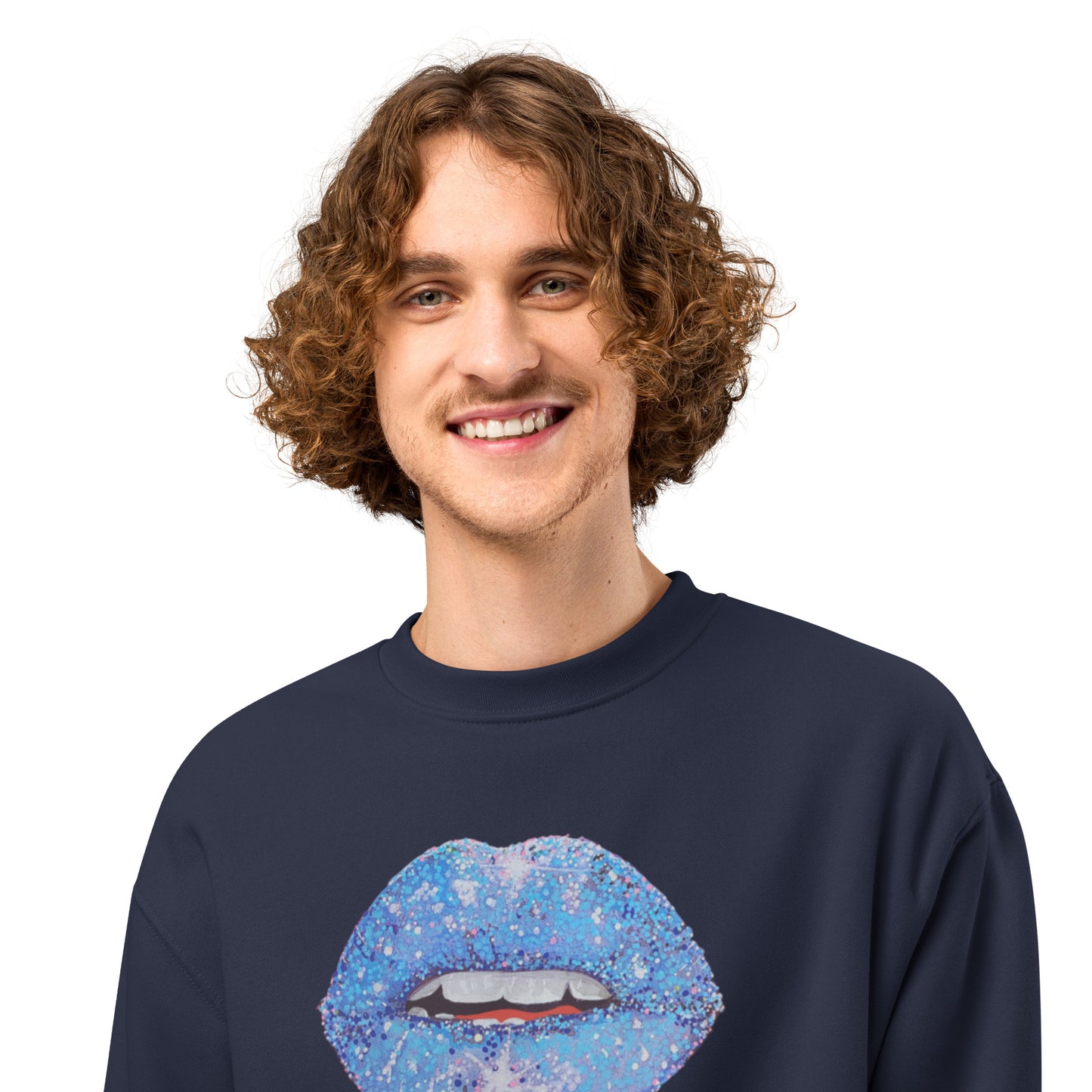 Blue Glitter Lips design by Kirsten Blackburn on oversized heavyweight sweatshirt