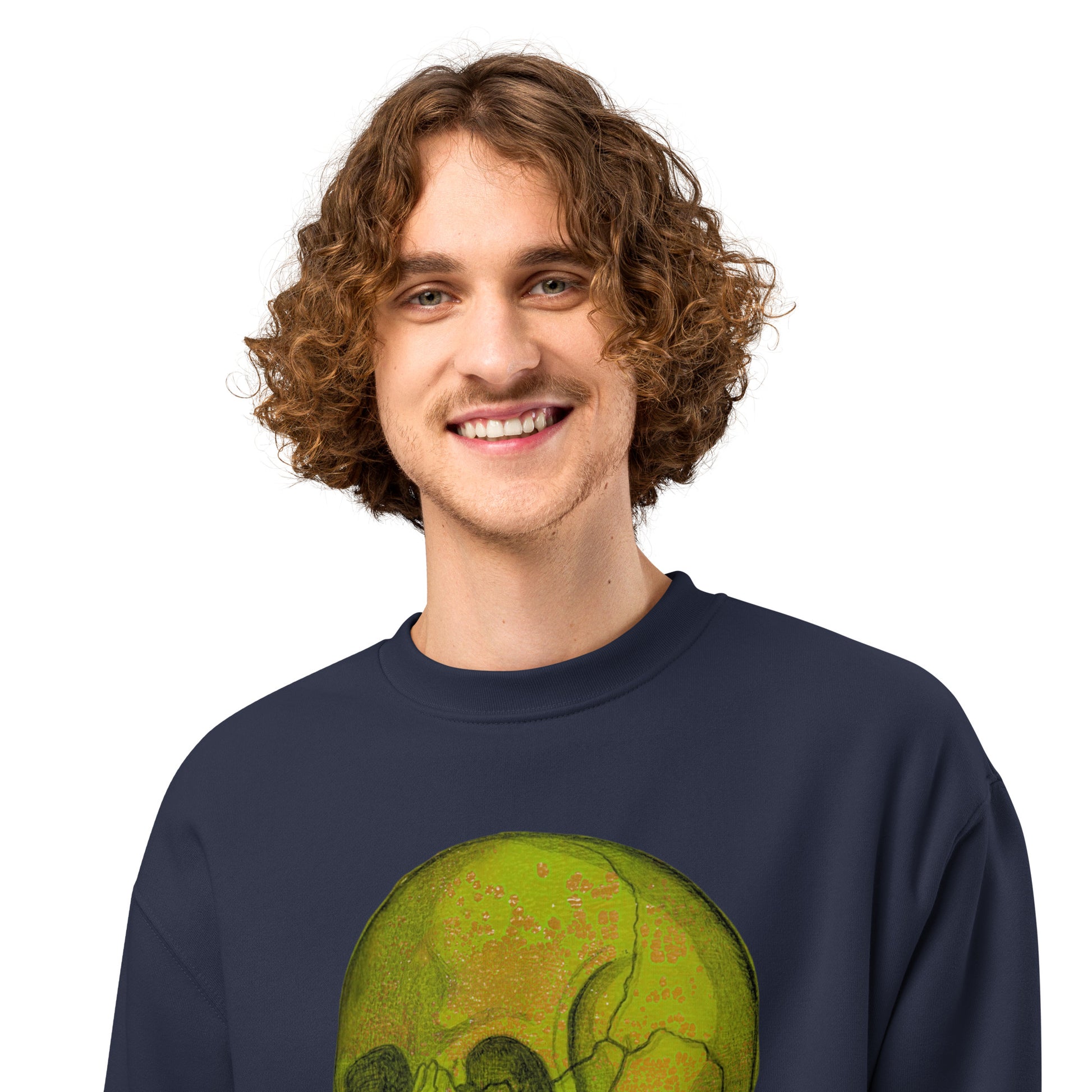 Green Skull design by Kirsten Blackburn on oversized heavyweight sweatshirt