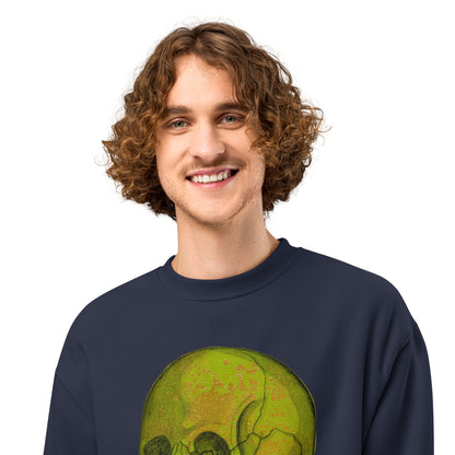 Green Skull design by Kirsten Blackburn on oversized heavyweight sweatshirt