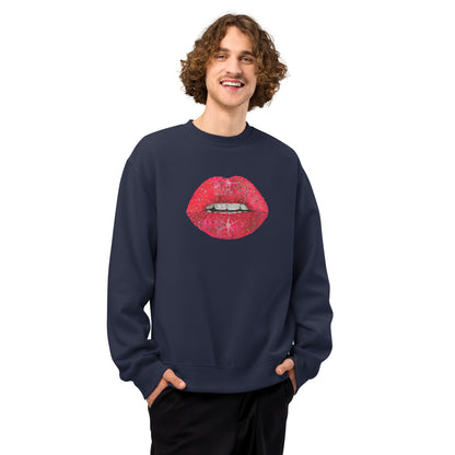 Red Glitter Lips design by Kirsten Blackburn on oversized heavyweight sweatshirt