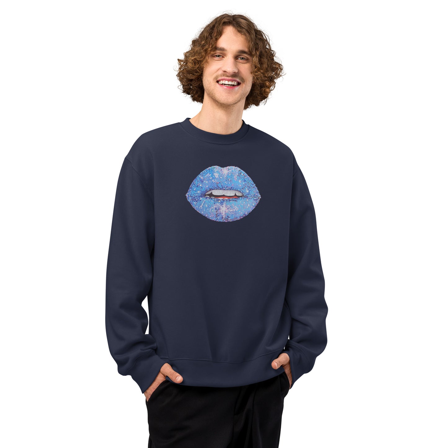 Blue Glitter Lips design by Kirsten Blackburn on oversized heavyweight sweatshirt