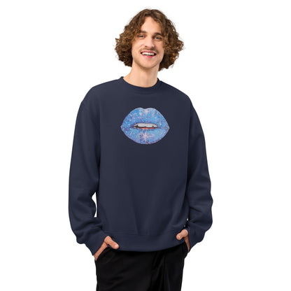 Blue Glitter Lips design by Kirsten Blackburn on oversized heavyweight sweatshirt