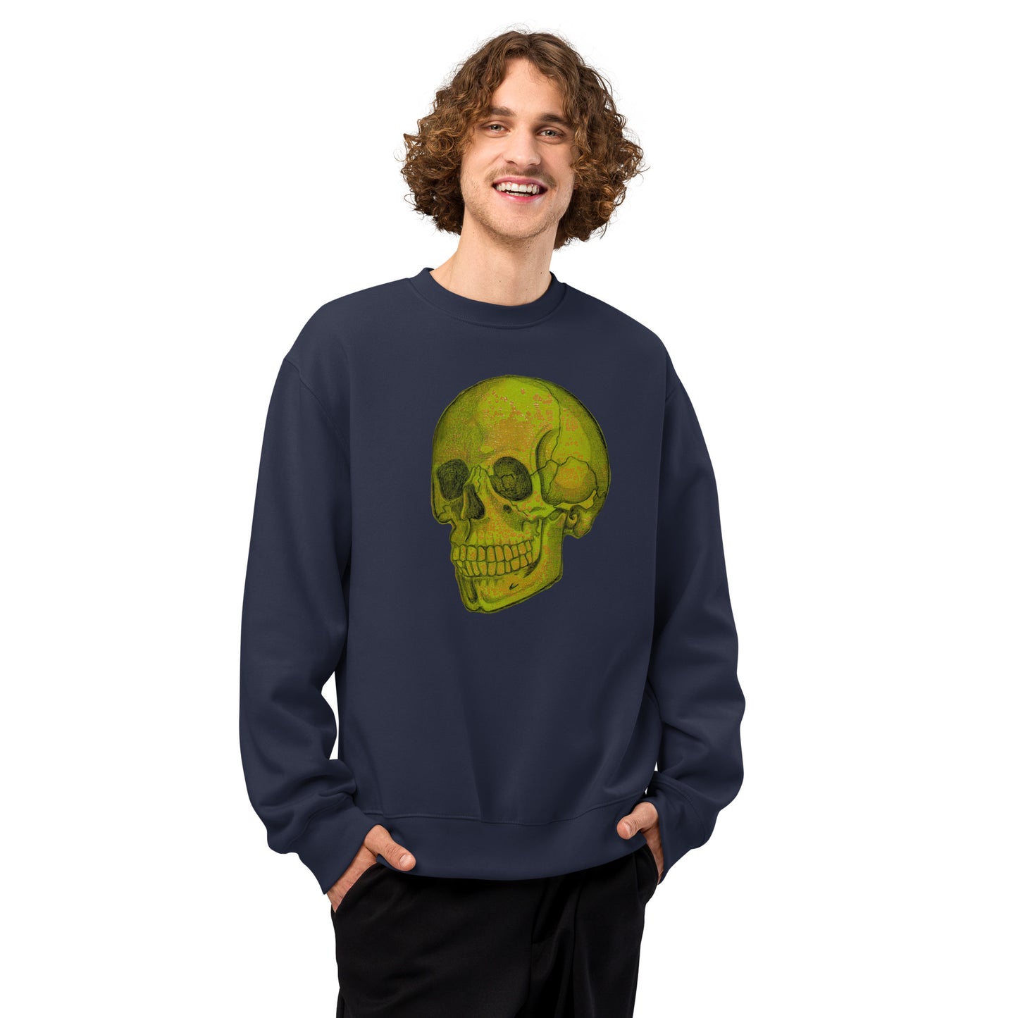 Green Skull design by Kirsten Blackburn on oversized heavyweight sweatshirt