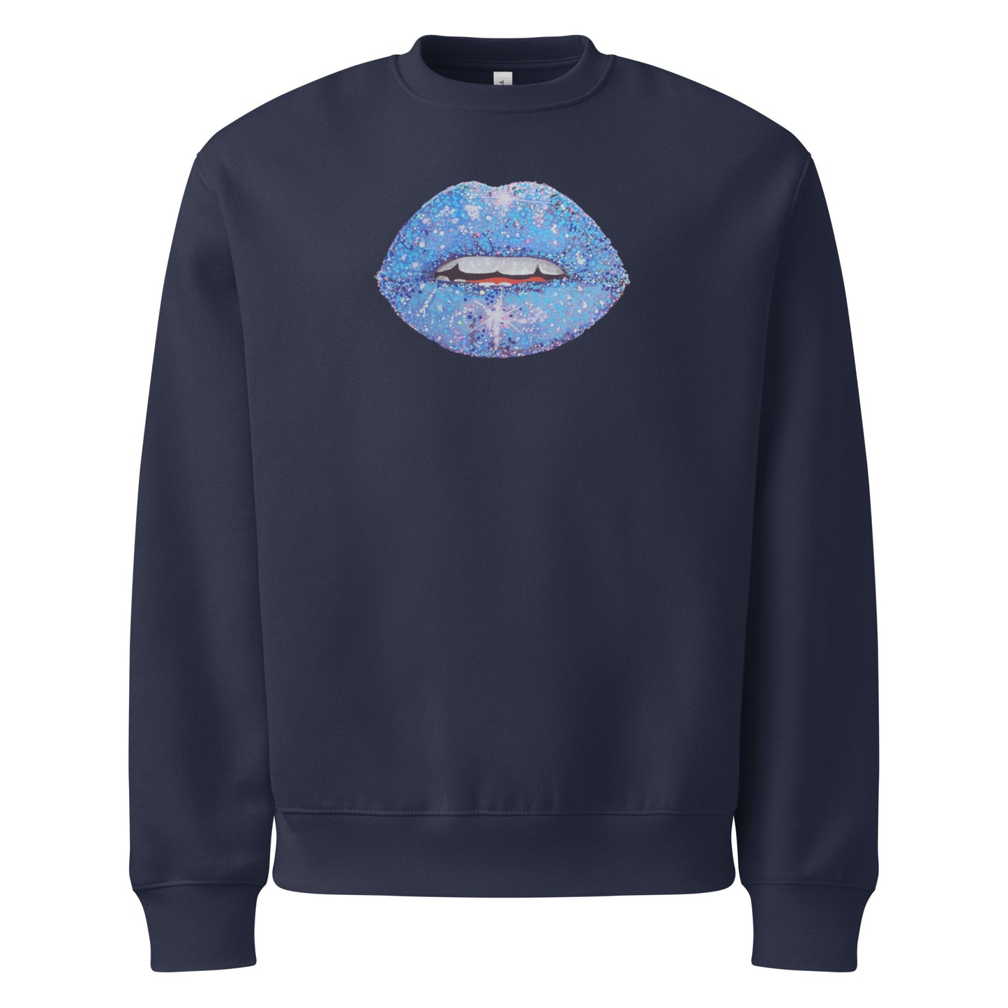 Blue Glitter Lips design by Kirsten Blackburn on oversized heavyweight sweatshirt