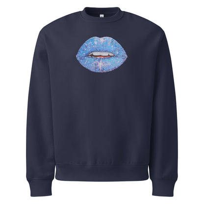 Blue Glitter Lips design by Kirsten Blackburn on oversized heavyweight sweatshirt