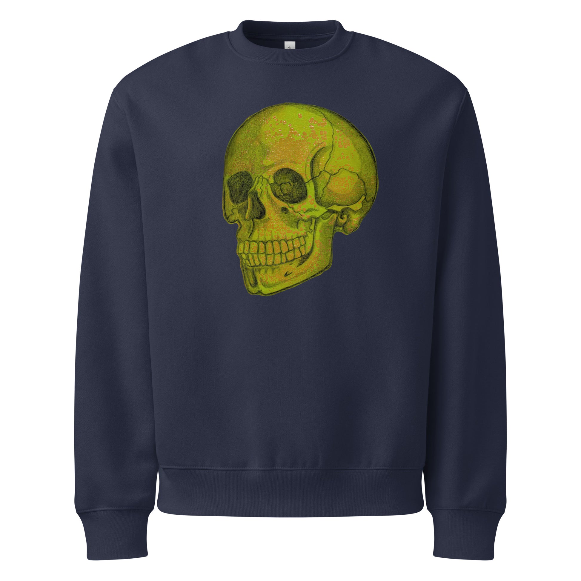 Green Skull design by Kirsten Blackburn on oversized heavyweight sweatshirt
