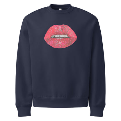 Red Glitter Lips design by Kirsten Blackburn on oversized heavyweight sweatshirt