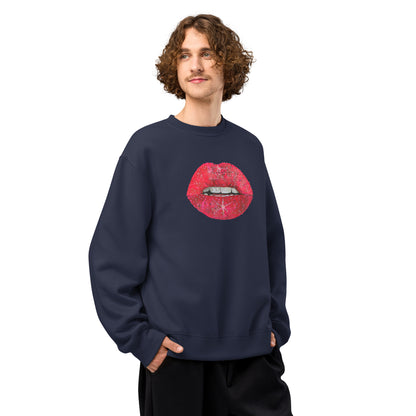 Red Glitter Lips design by Kirsten Blackburn on oversized heavyweight sweatshirt